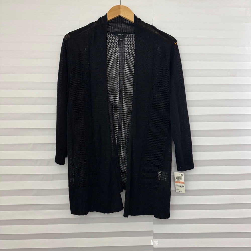 Alfani Womens Black Linen Blend Open Front Cardigan‎ Mesh Knit Sweater 2X NWT